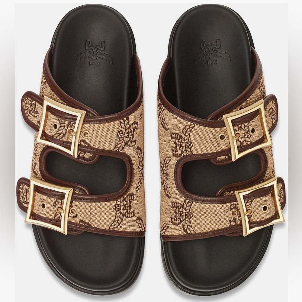 Authentic - MCM Lauretos Raffia Jacquard Sandals – Beige – Women’s – NEW 🌿✨